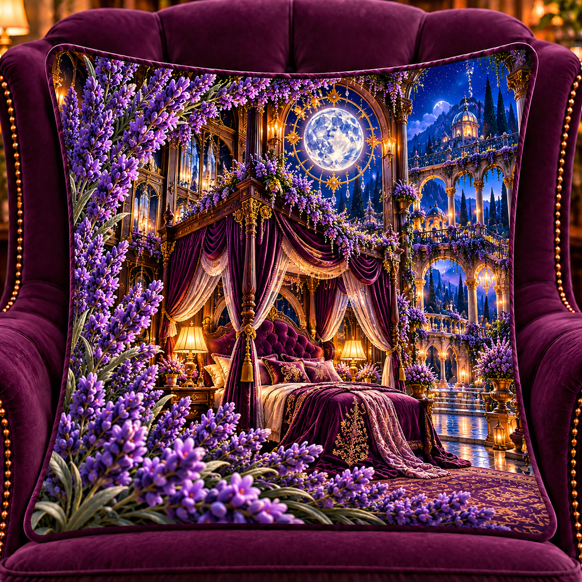 Lavender Celestial Canopy Quilted Cushion Cover with printed optical 3D artwork in its use setting