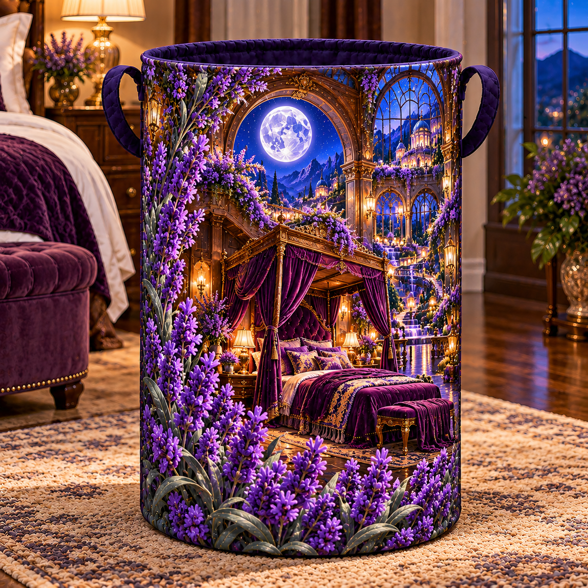 Lavender Celestial Canopy Laundry Hamper with printed optical 3D artwork in its use setting