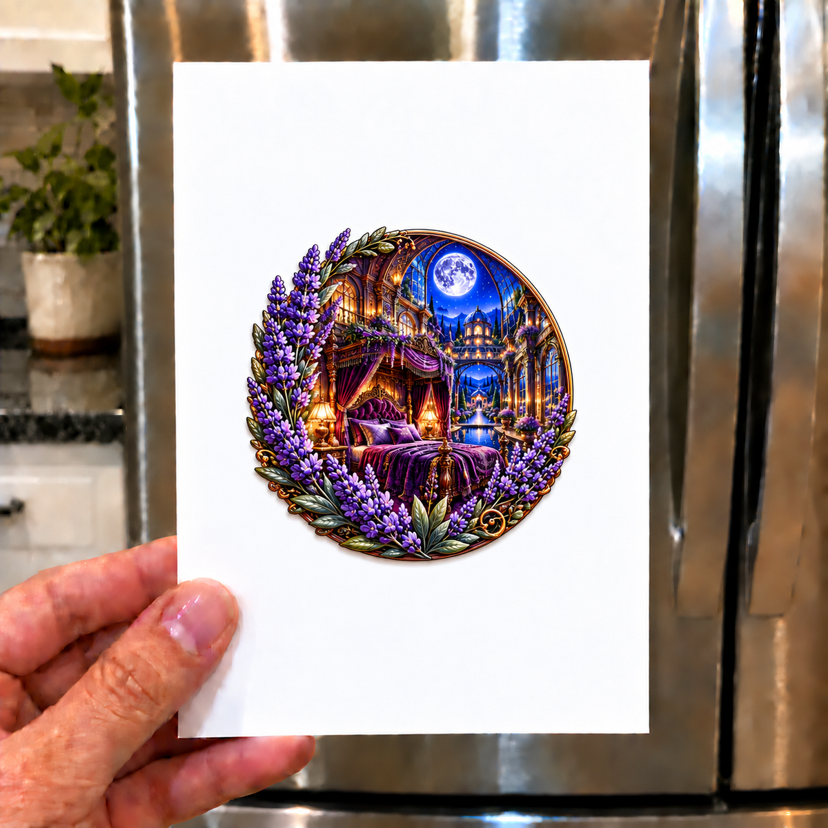 Lavender Celestial Canopy Acrylic Refrigerator Magnet with printed optical 3D artwork in its use setting