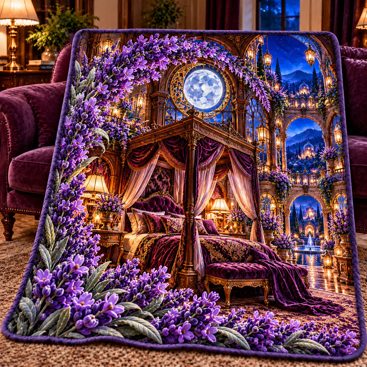 Lavender Celestial Canopy Quilt Blanket with printed optical 3D artwork in its use setting