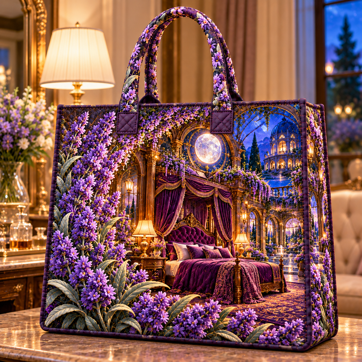 Lavender Celestial Canopy Quilted Tote Bag with printed optical 3D artwork in its use setting