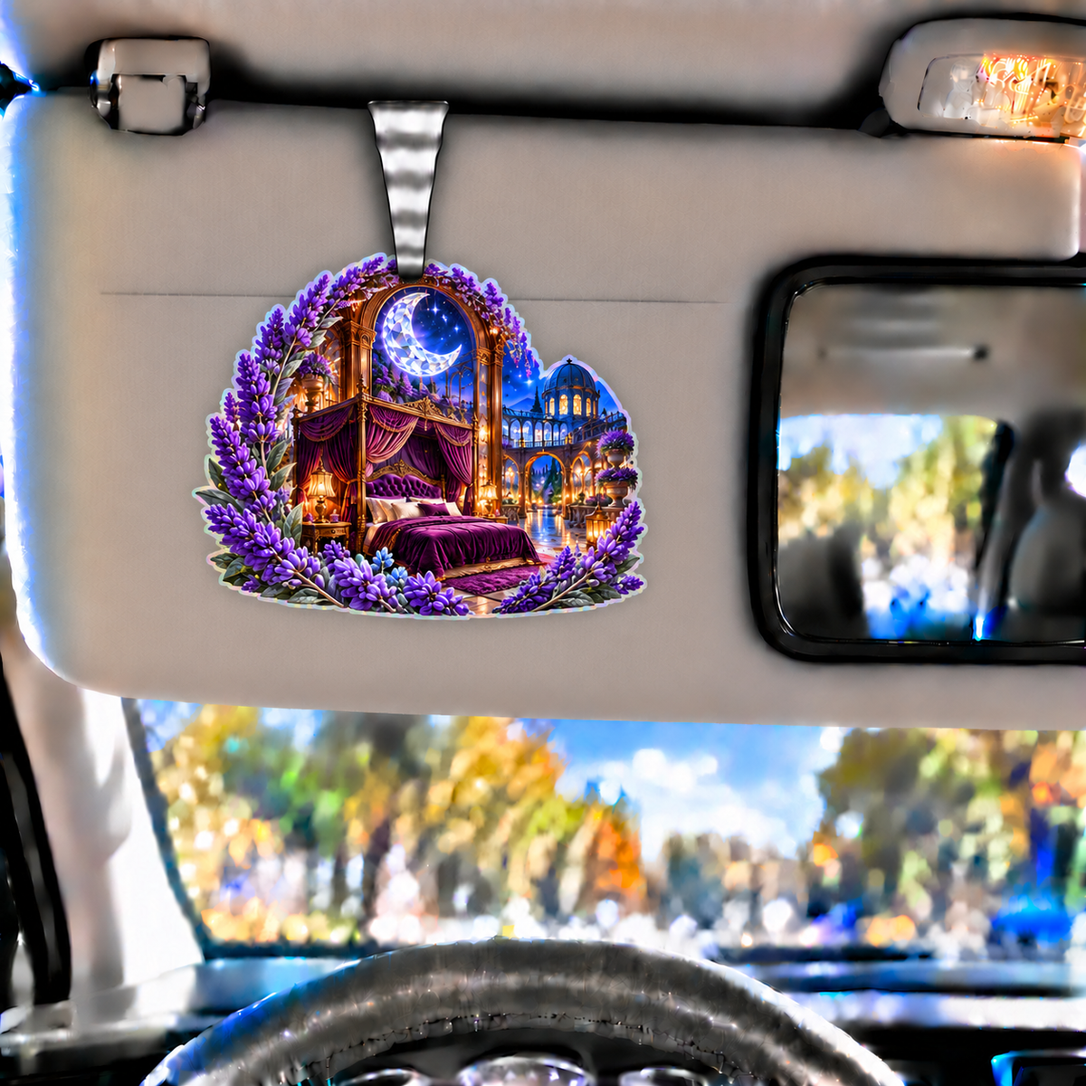 Lavender Celestial Canopy Holographic Car Visor Clip with printed optical 3D artwork in its use setting