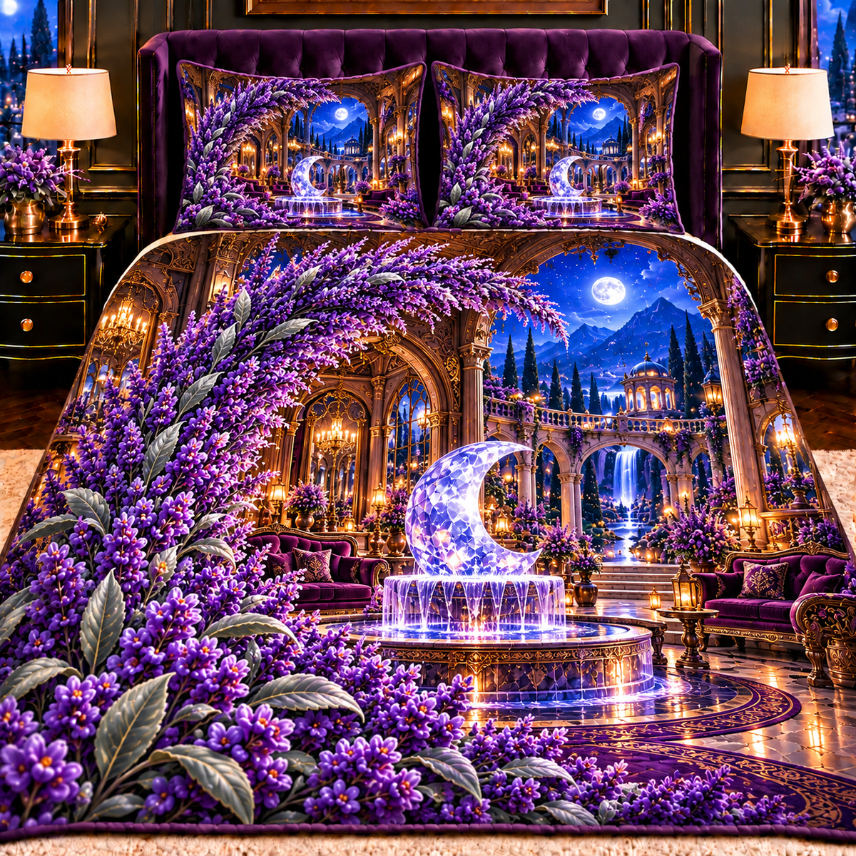 Lavender Moon Fountain Quilted Bedding Set with printed optical 3D artwork in its use setting
