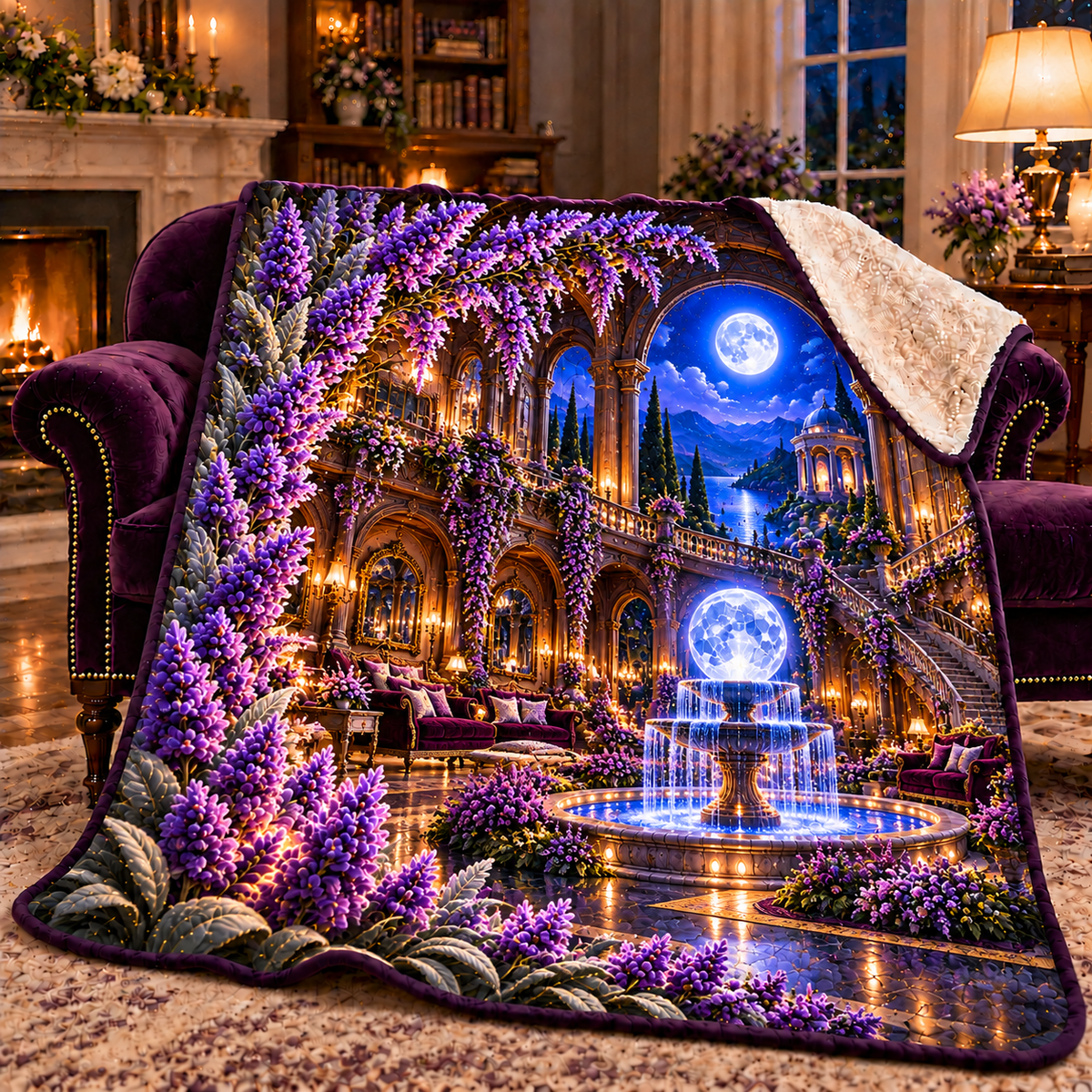Lavender Moon Fountain Sherpa & Fleece Blanket with printed optical 3D artwork in its use setting