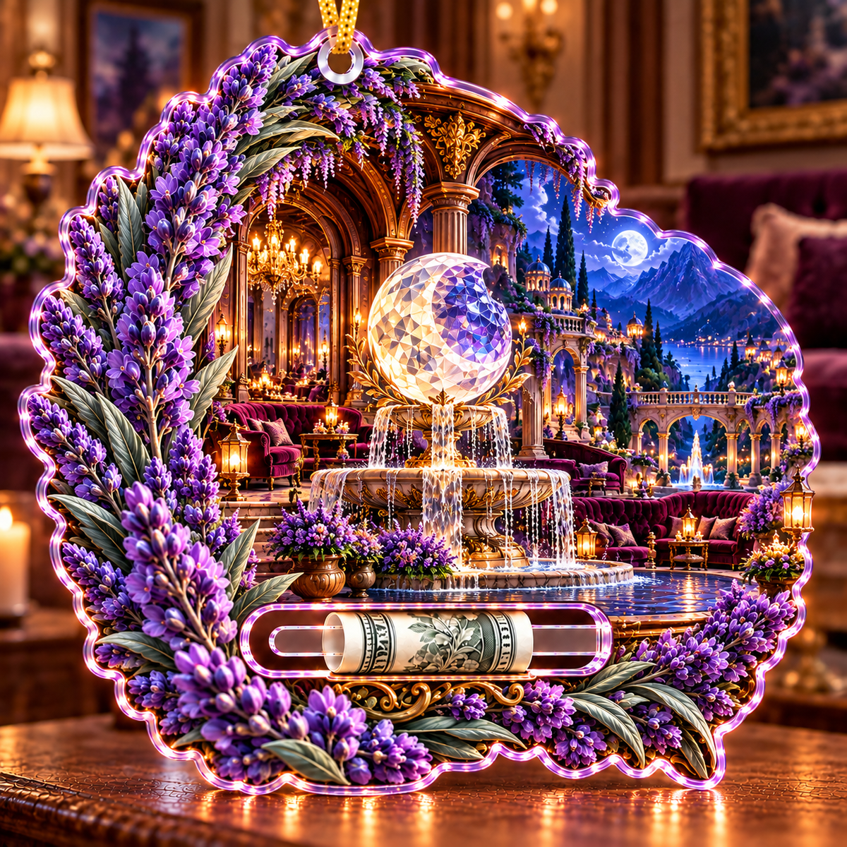 Lavender Moon Fountain Acrylic Cash Holder Ornament with printed optical 3D artwork in its use setting