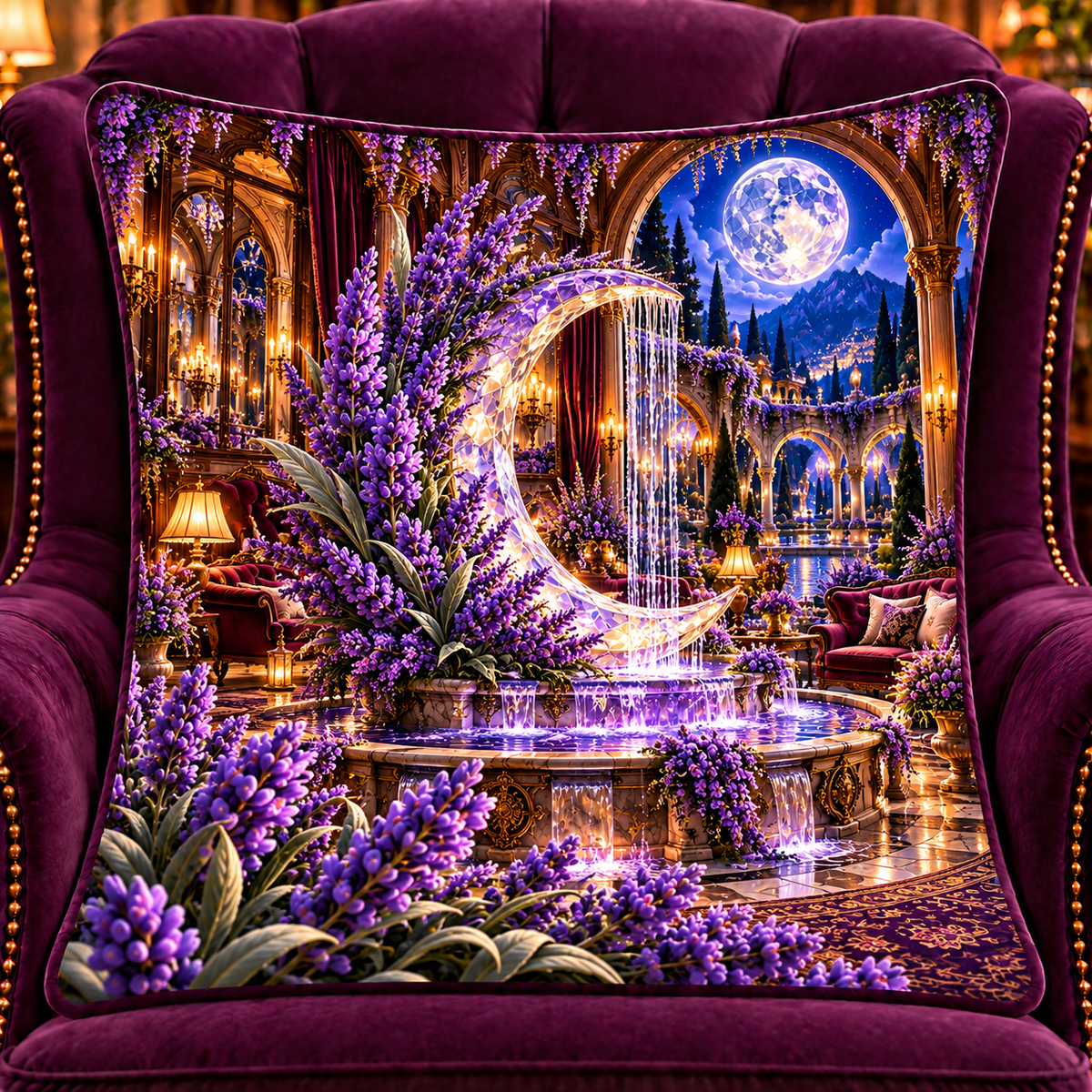 Lavender Moon Fountain Quilted Cushion Cover with printed optical 3D artwork in its use setting