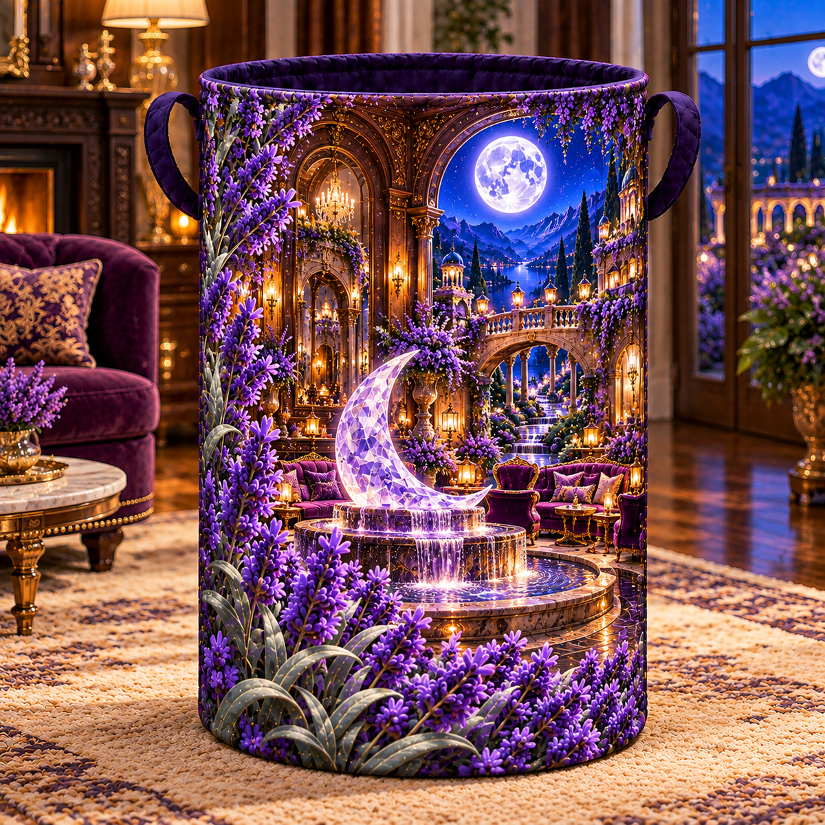 Lavender Moon Fountain Laundry Hamper with printed optical 3D artwork in its use setting