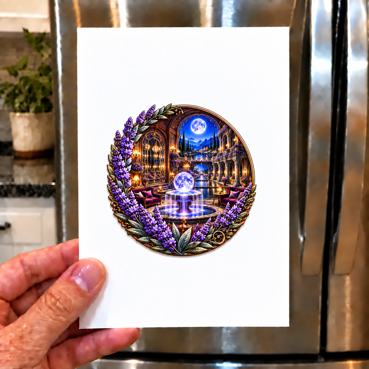 Lavender Moon Fountain Acrylic Refrigerator Magnet with printed optical 3D artwork in its use setting