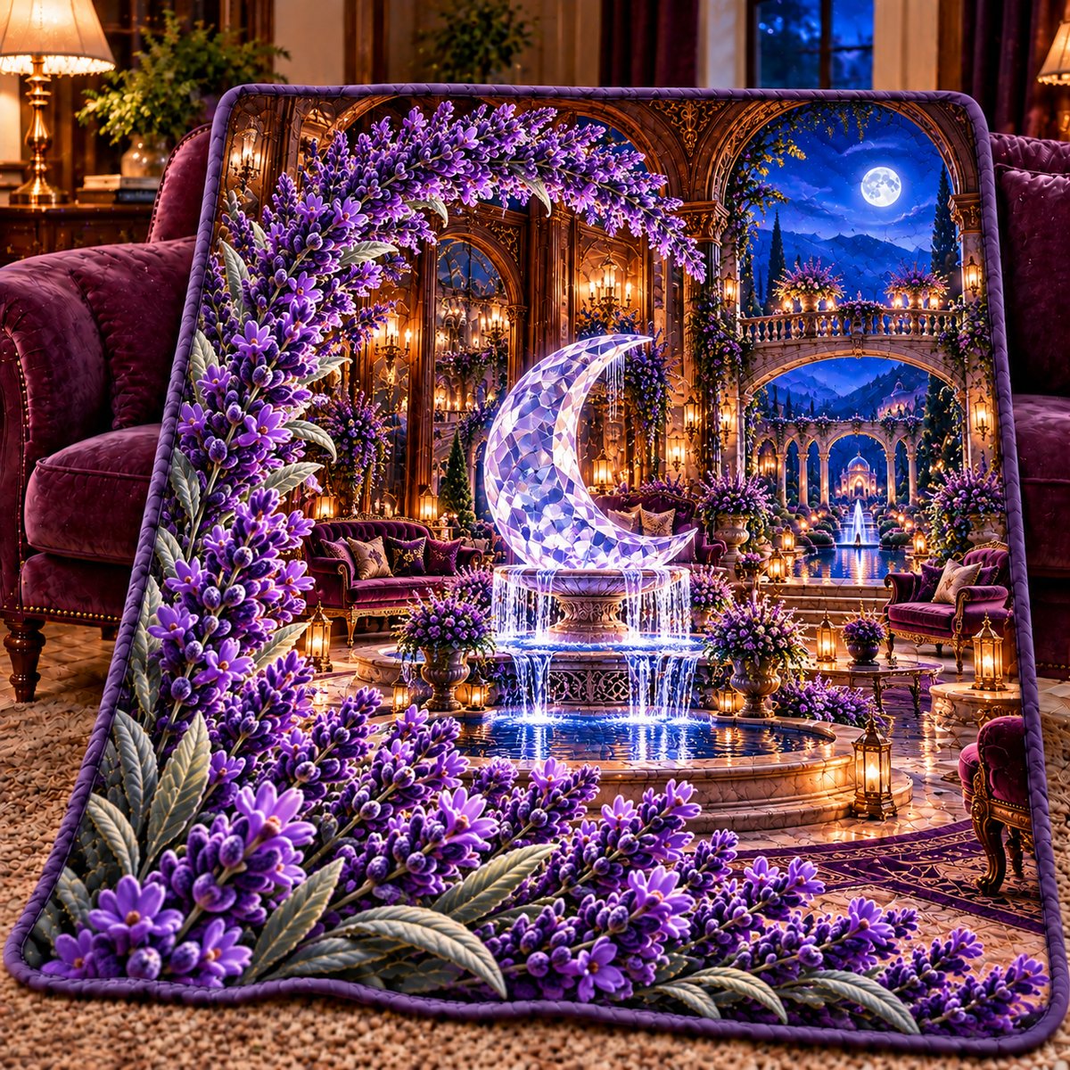 Lavender Moon Fountain Quilt Blanket with printed optical 3D artwork in its use setting