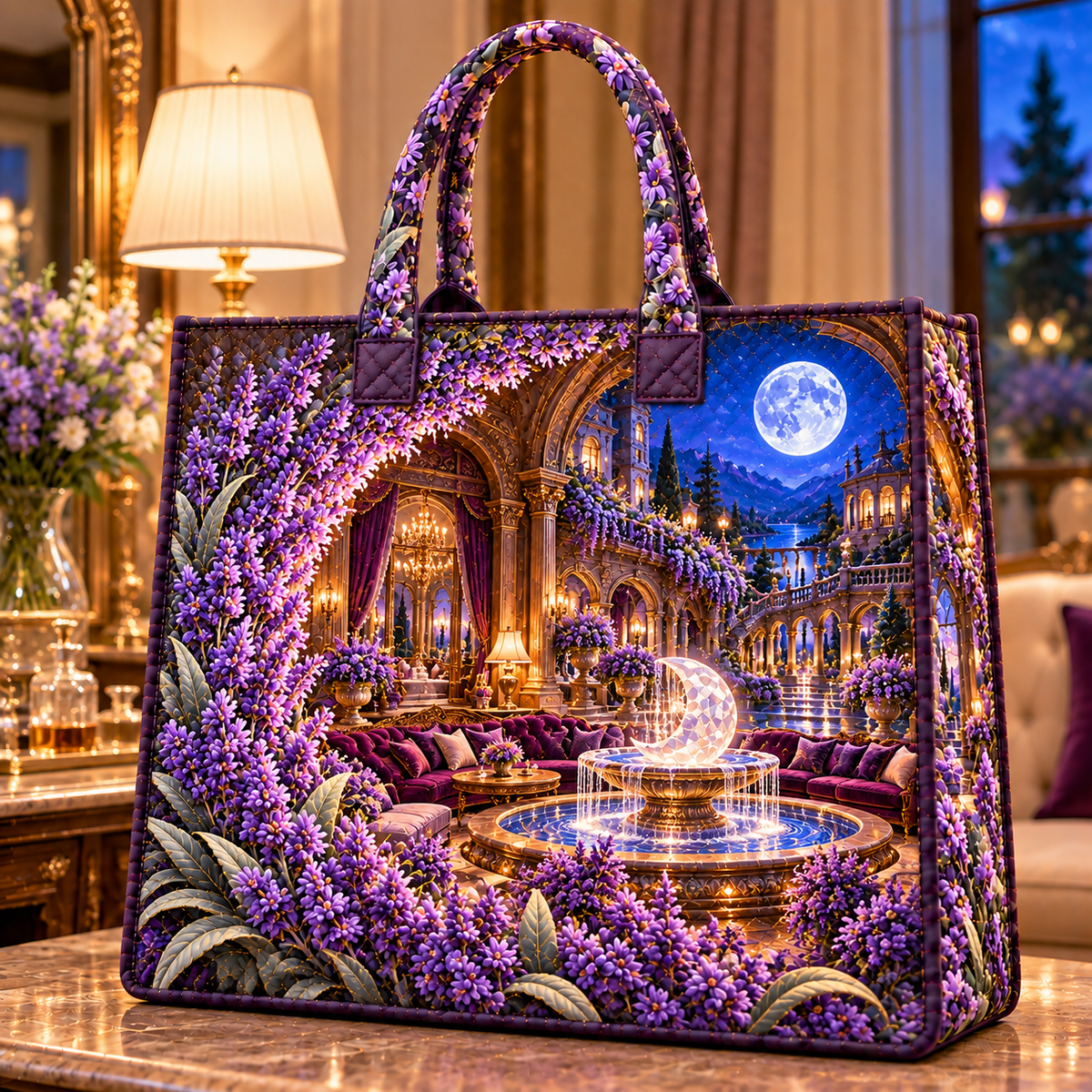 Lavender Moon Fountain Quilted Tote Bag with printed optical 3D artwork in its use setting