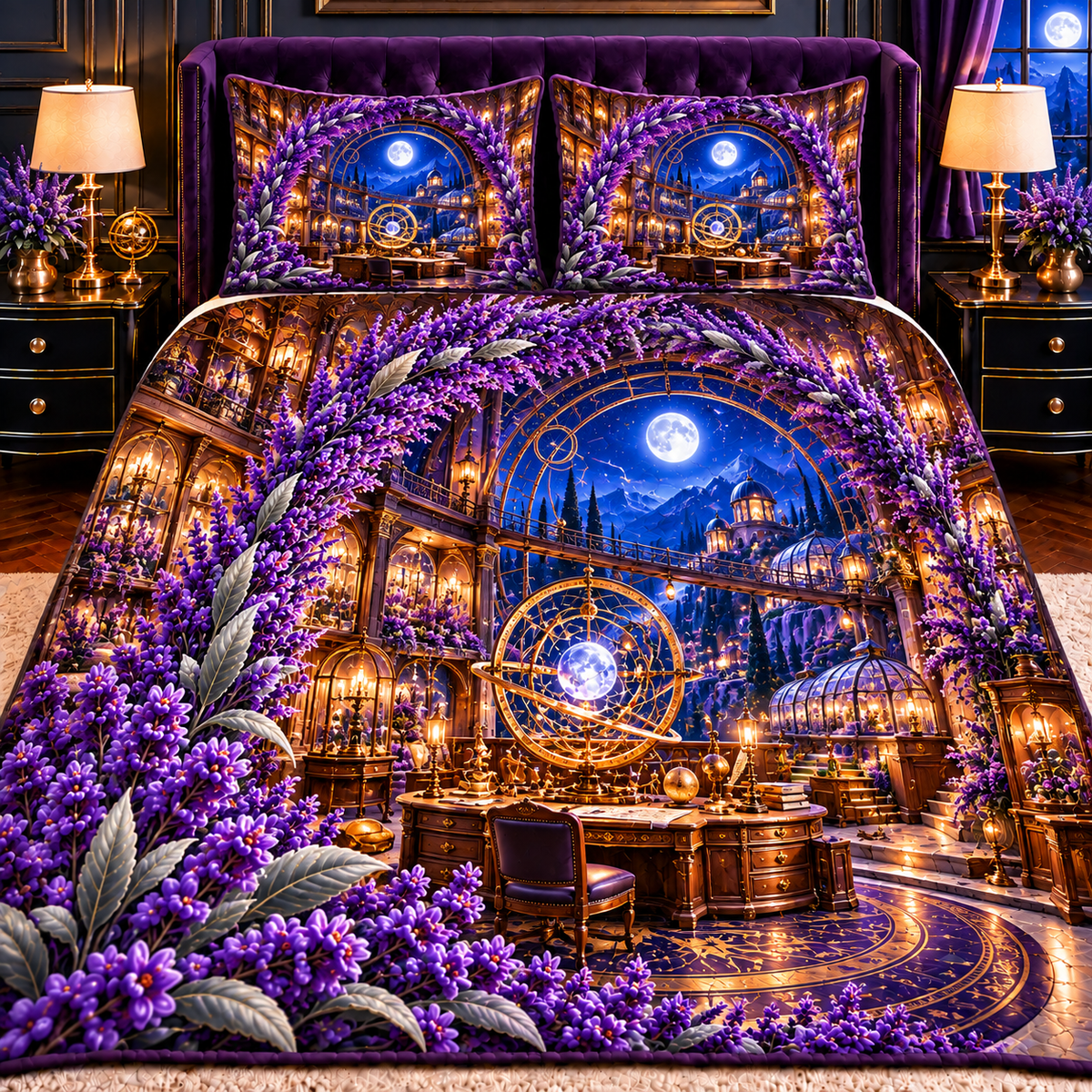 Lavender Astral Studio Quilted Bedding Set with printed optical 3D artwork in its use setting