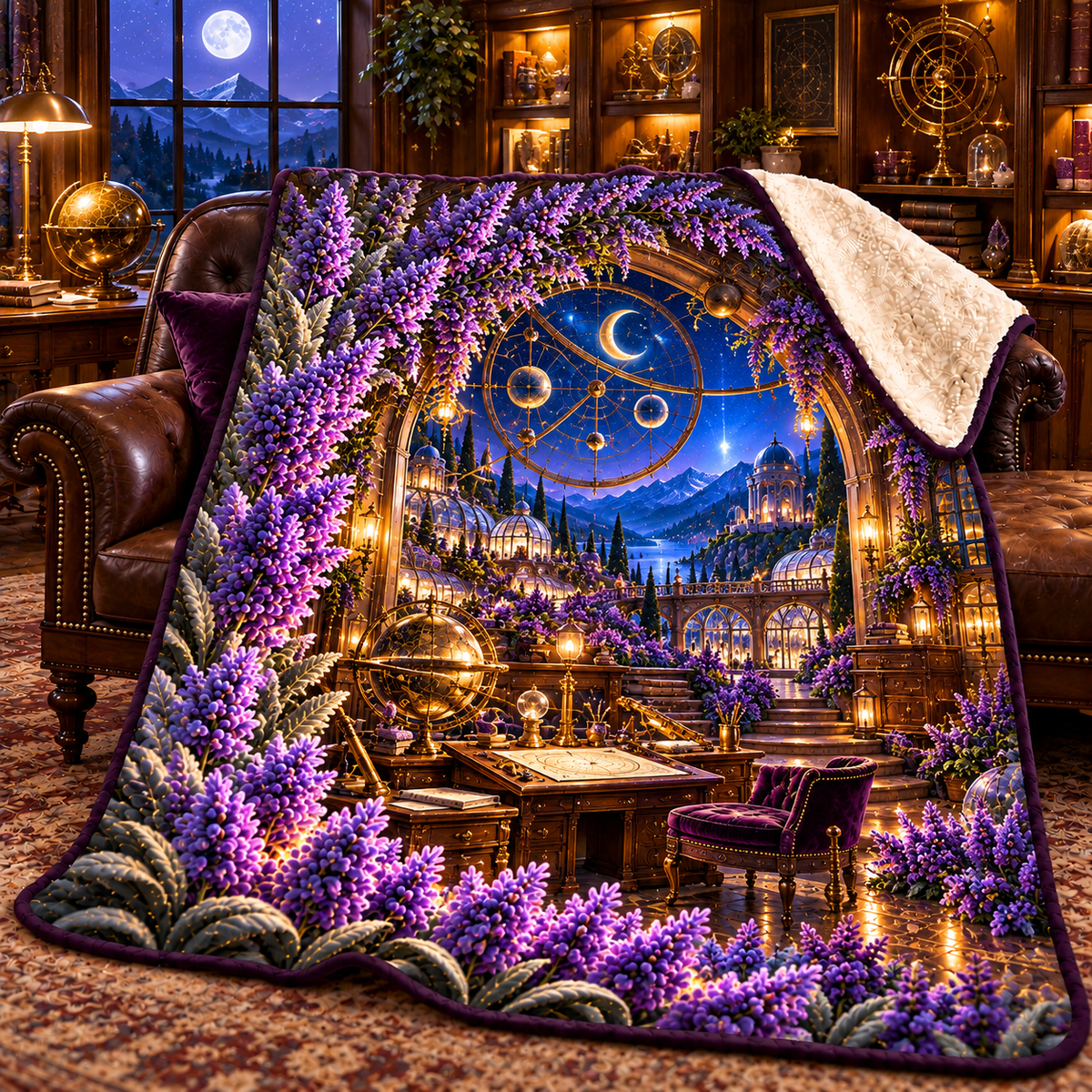 Lavender Astral Studio Sherpa & Fleece Blanket with printed optical 3D artwork in its use setting