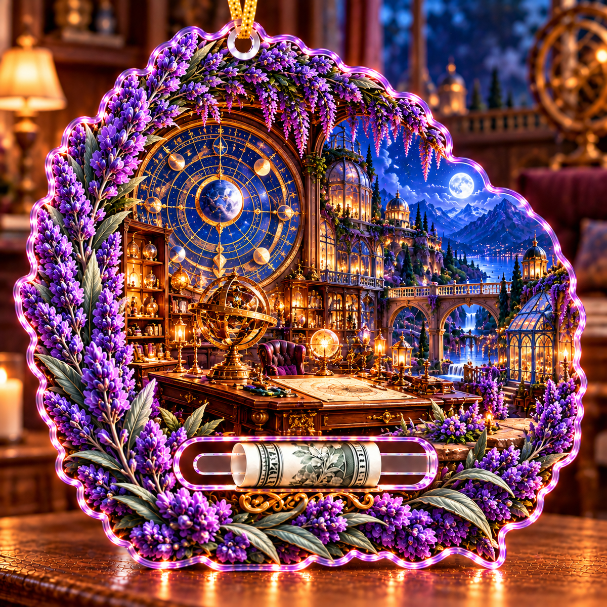 Lavender Astral Studio Acrylic Cash Holder Ornament with printed optical 3D artwork in its use setting