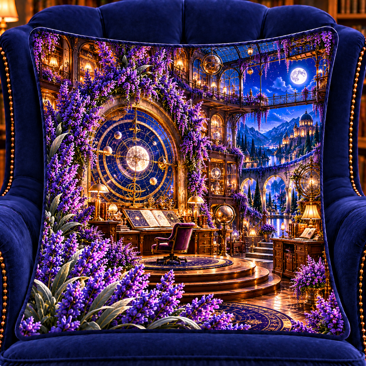 Lavender Astral Studio Quilted Cushion Cover with printed optical 3D artwork in its use setting