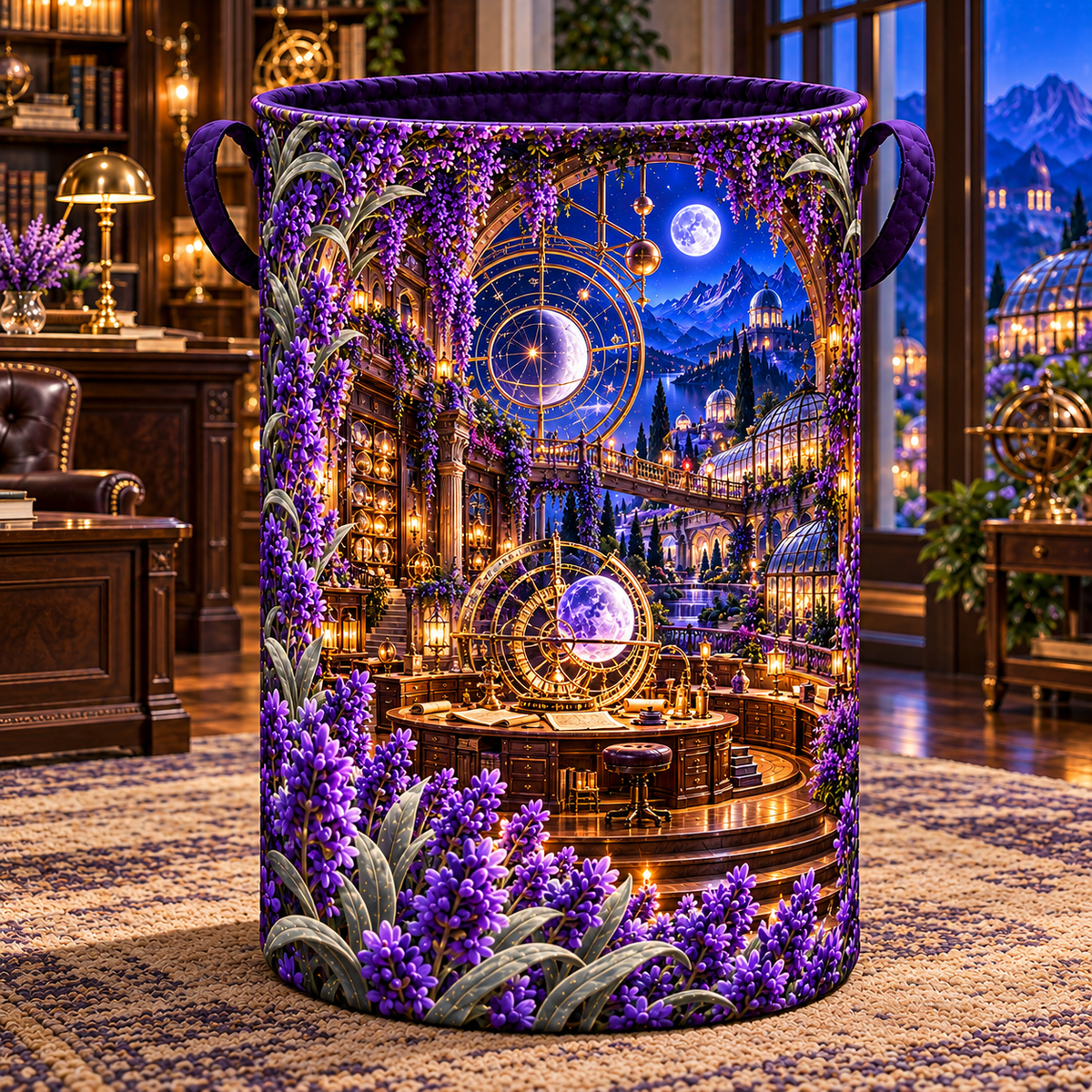 Lavender Astral Studio Laundry Hamper with printed optical 3D artwork in its use setting