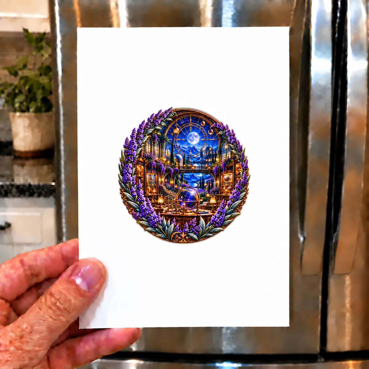 Lavender Astral Studio Acrylic Refrigerator Magnet with printed optical 3D artwork in its use setting
