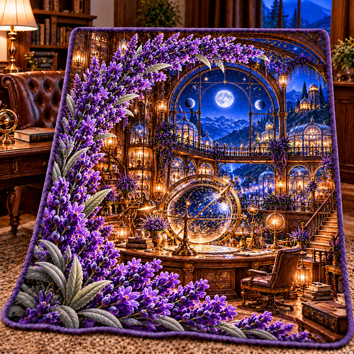 Lavender Astral Studio Quilt Blanket with printed optical 3D artwork in its use setting