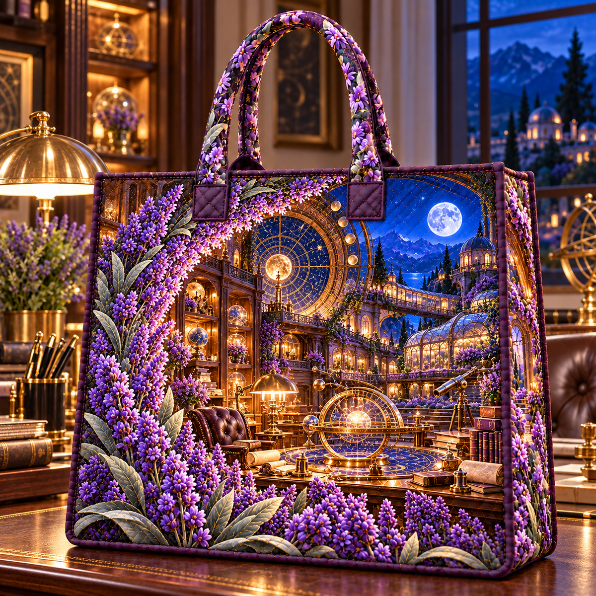 Lavender Astral Studio Quilted Tote Bag with printed optical 3D artwork in its use setting