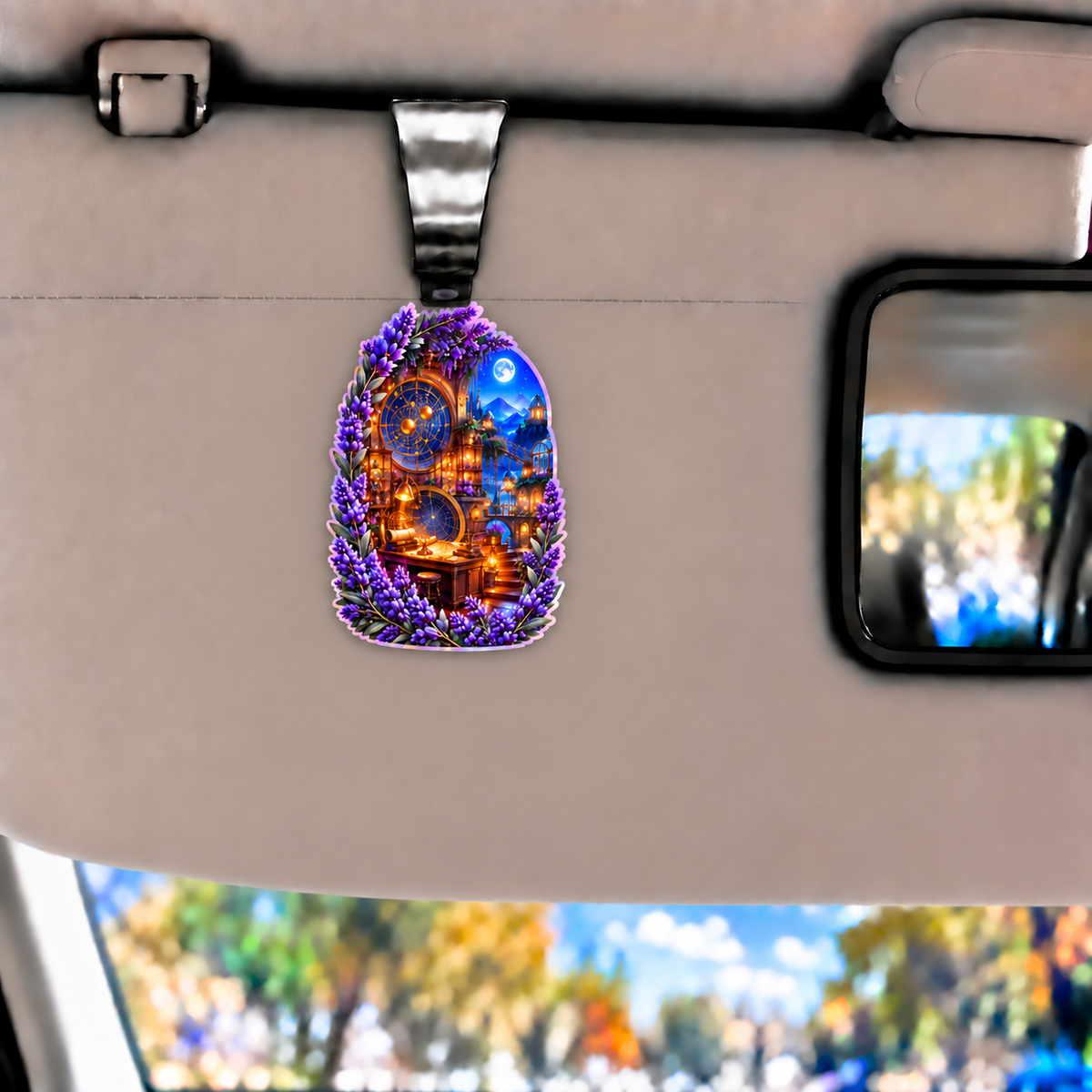 Lavender Astral Studio Holographic Car Visor Clip with printed optical 3D artwork in its use setting