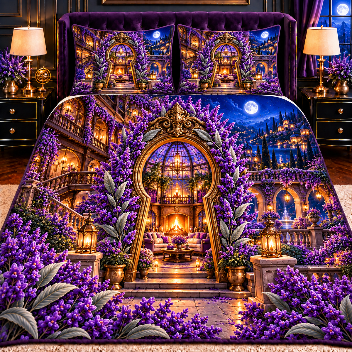Lavender Hearth Keyway Quilted Bedding Set with printed optical 3D artwork in its use setting