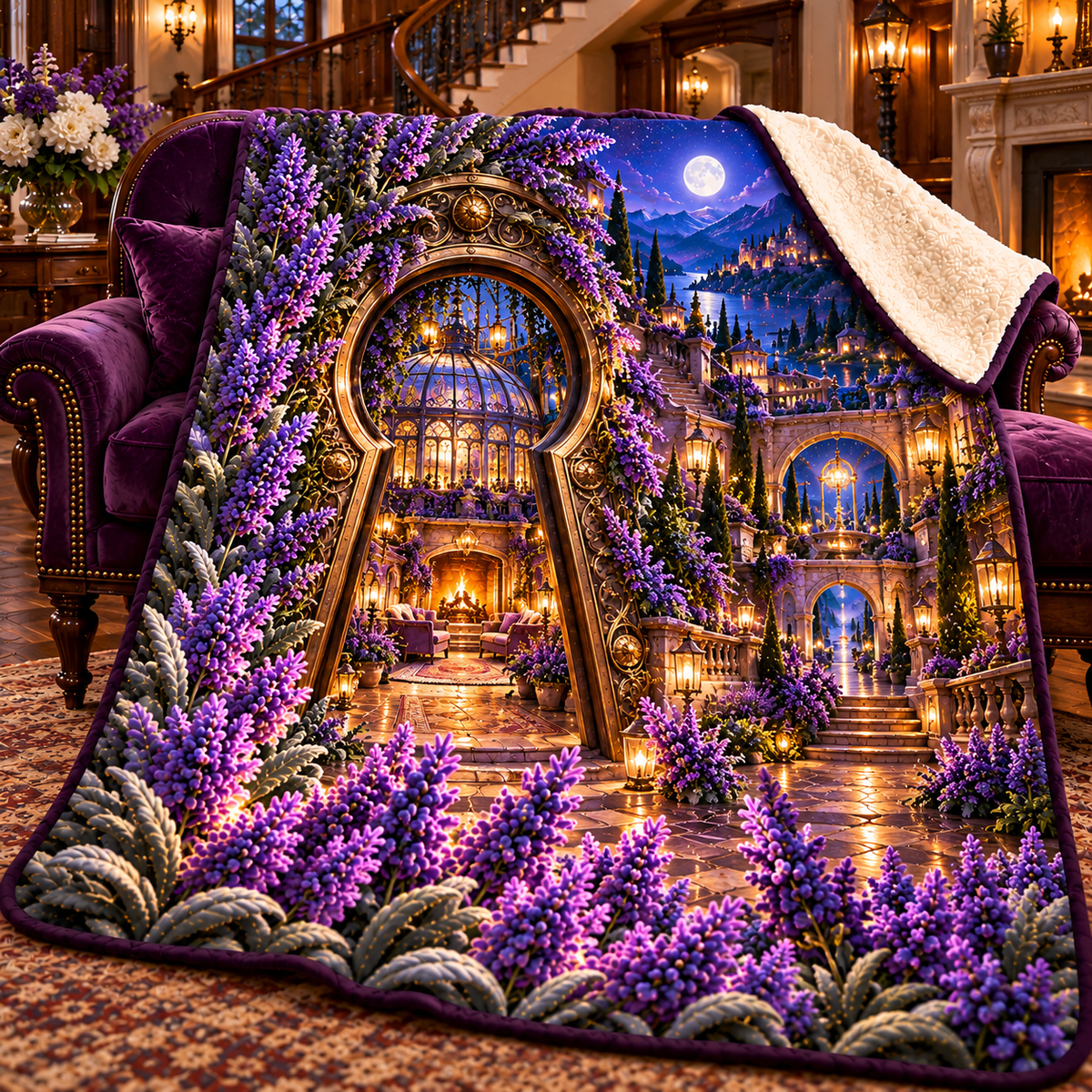 Lavender Hearth Keyway Sherpa & Fleece Blanket with printed optical 3D artwork in its use setting