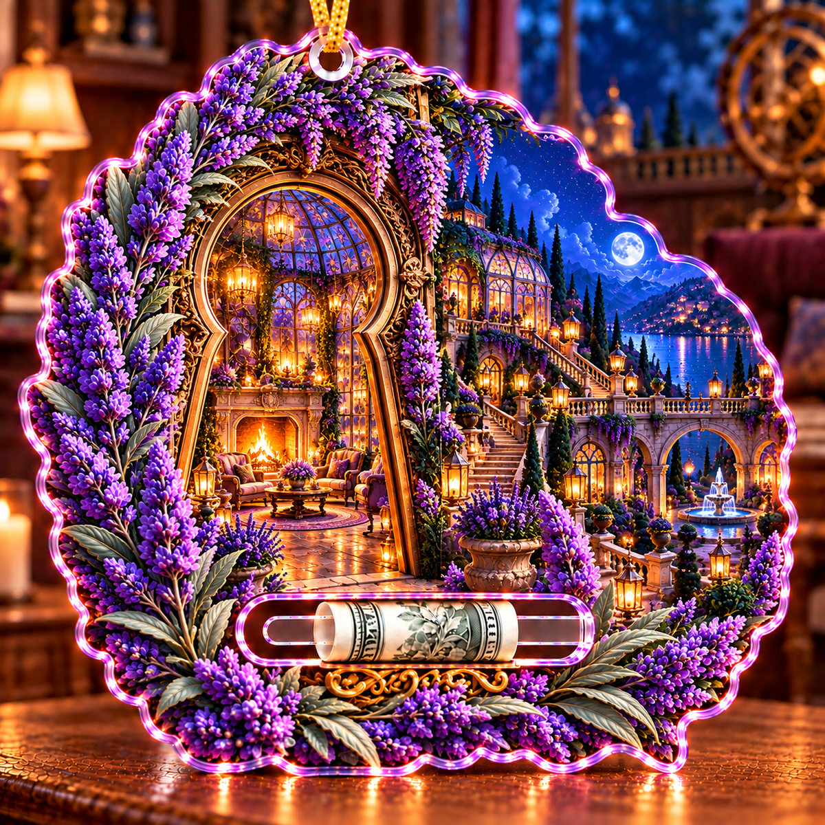 Lavender Hearth Keyway Acrylic Cash Holder Ornament with printed optical 3D artwork in its use setting
