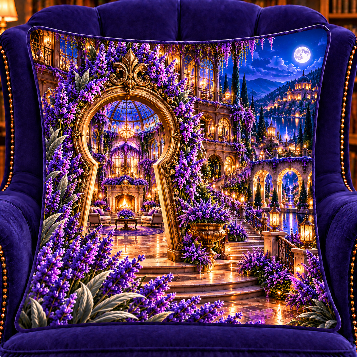 Lavender Hearth Keyway Quilted Cushion Cover with printed optical 3D artwork in its use setting
