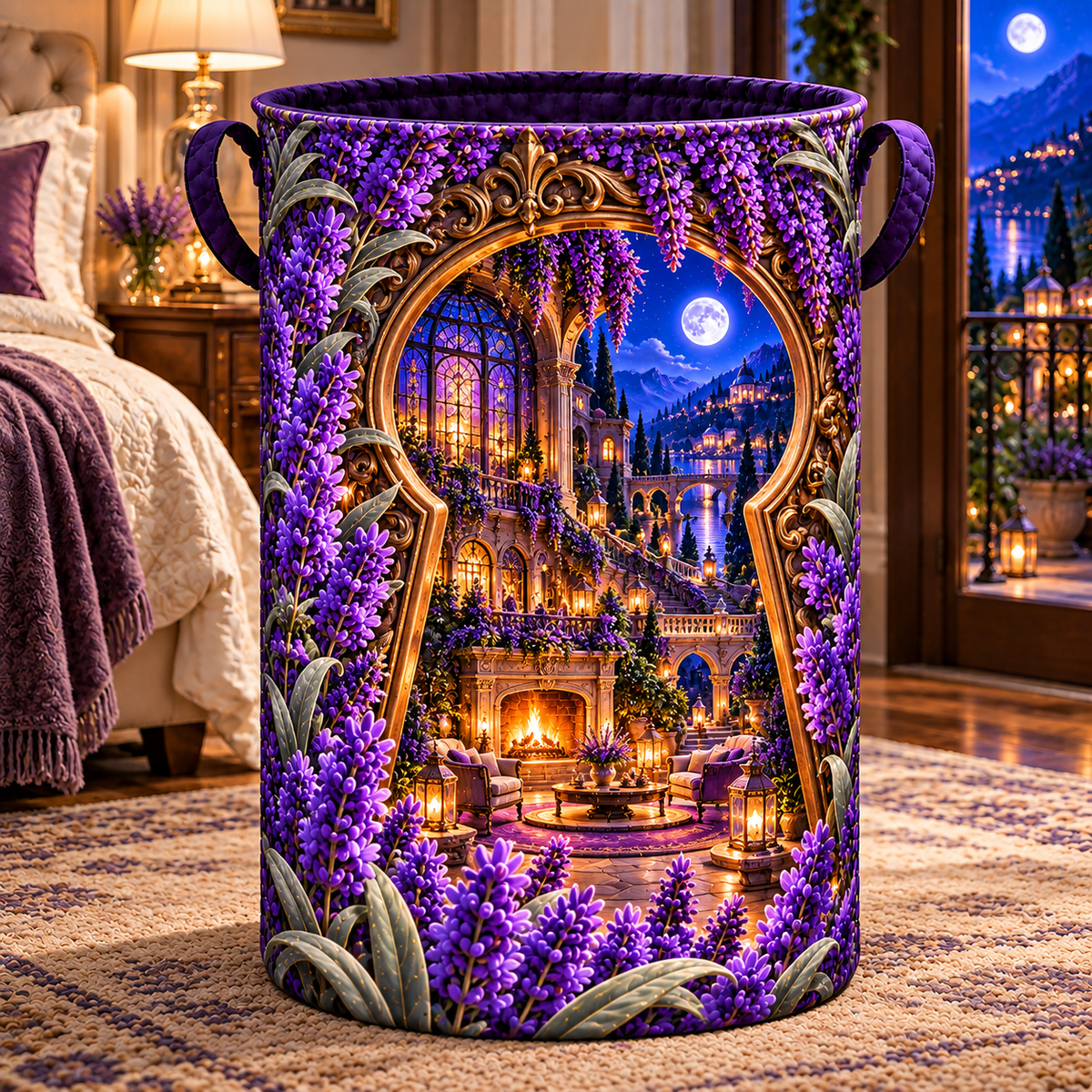 Lavender Hearth Keyway Laundry Hamper with printed optical 3D artwork in its use setting