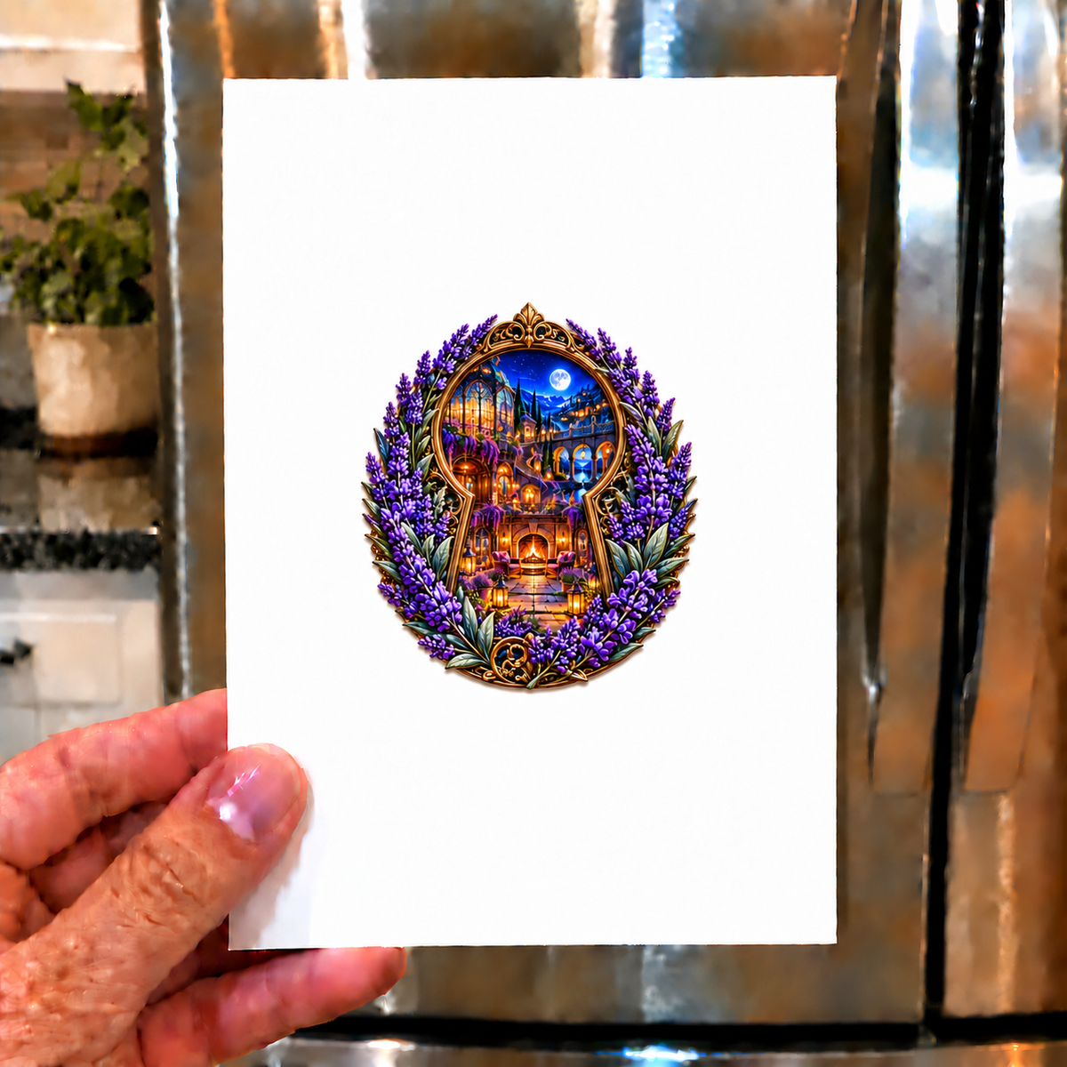 Lavender Hearth Keyway Acrylic Refrigerator Magnet with printed optical 3D artwork in its use setting