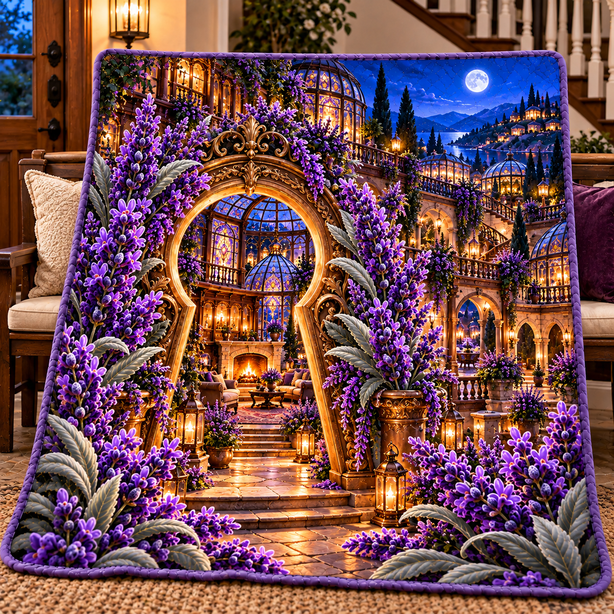 Lavender Hearth Keyway Quilt Blanket with printed optical 3D artwork in its use setting
