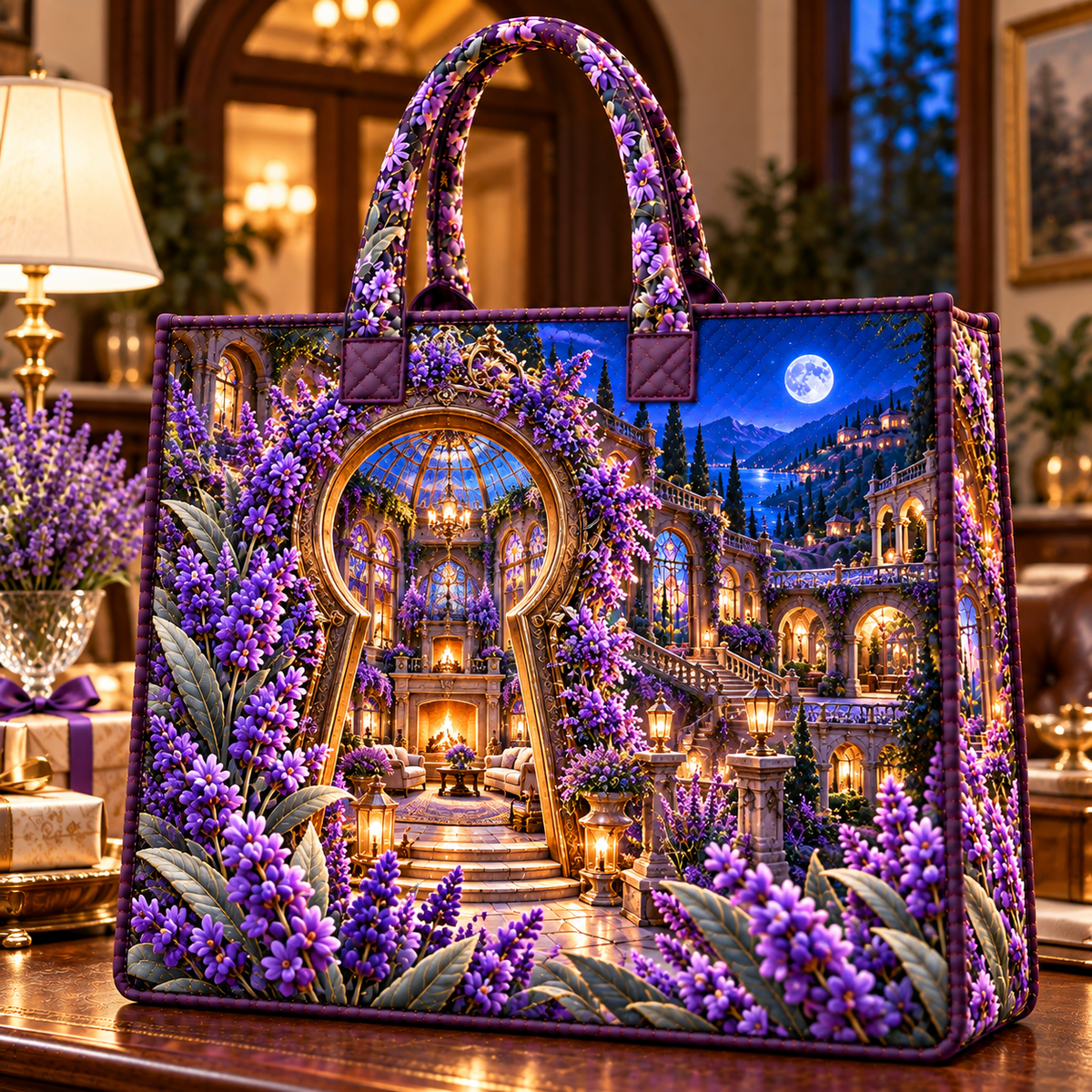 Lavender Hearth Keyway Quilted Tote Bag with printed optical 3D artwork in its use setting