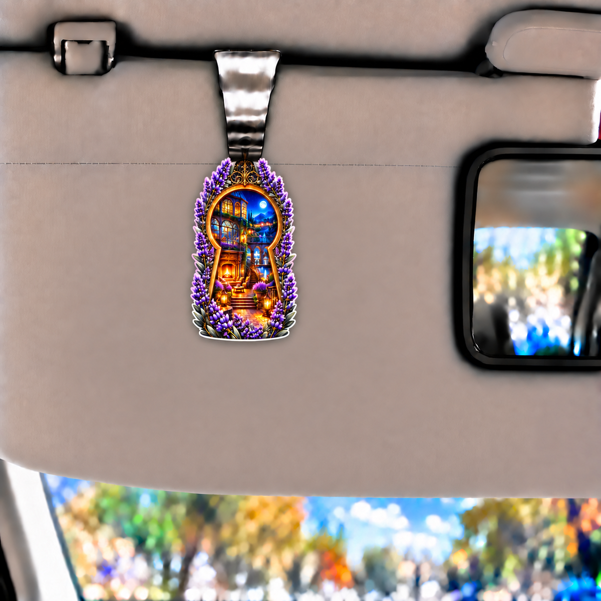 Lavender Hearth Keyway Holographic Car Visor Clip with printed optical 3D artwork in its use setting
