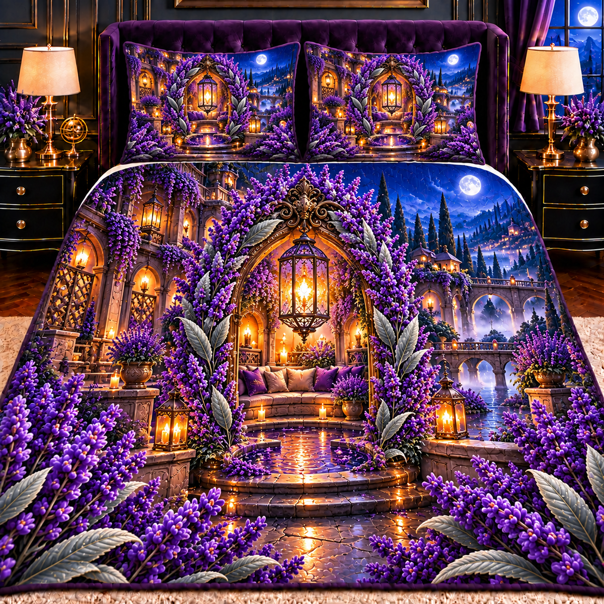 Lavender Rainlight Alcove Quilted Bedding Set with printed optical 3D artwork in its use setting