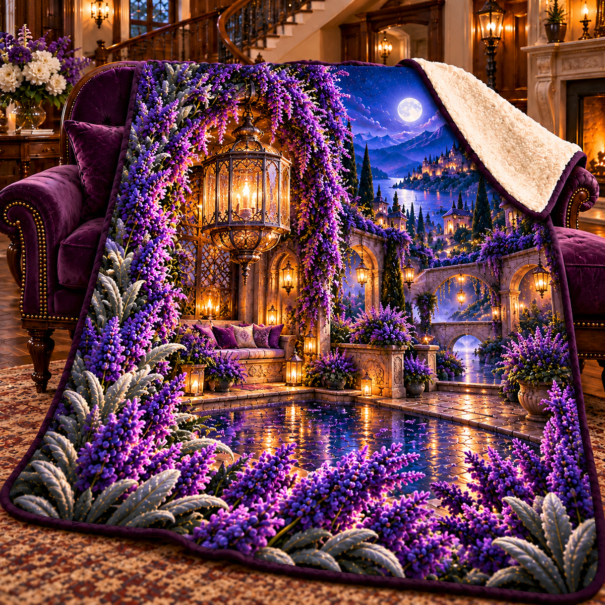 Lavender Rainlight Alcove Sherpa & Fleece Blanket with printed optical 3D artwork in its use setting