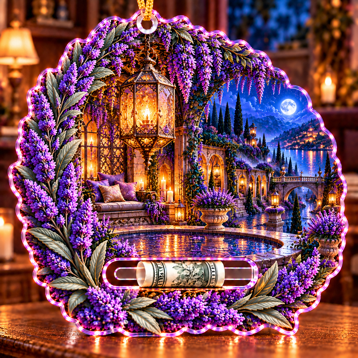 Lavender Rainlight Alcove Acrylic Cash Holder Ornament with printed optical 3D artwork in its use setting