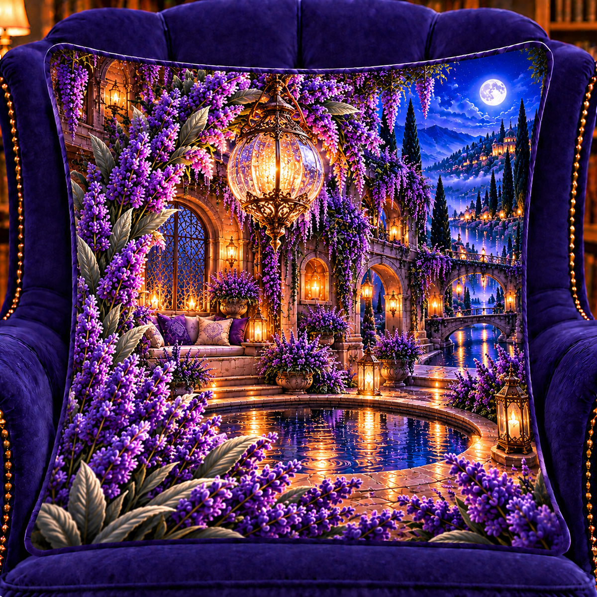 Lavender Rainlight Alcove Quilted Cushion Cover with printed optical 3D artwork in its use setting