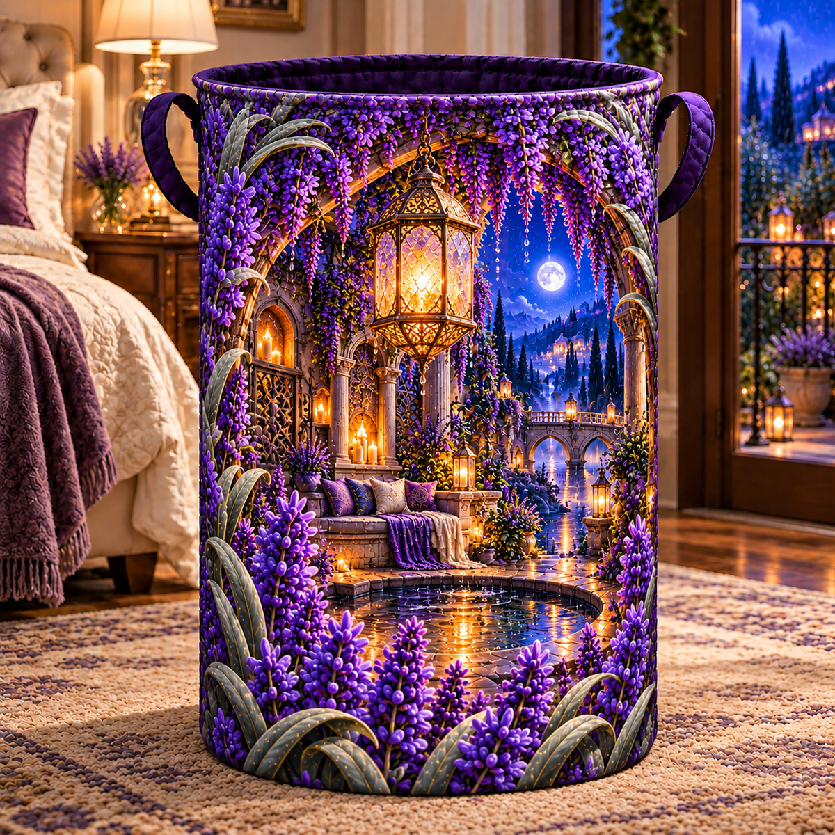 Lavender Rainlight Alcove Laundry Hamper with printed optical 3D artwork in its use setting