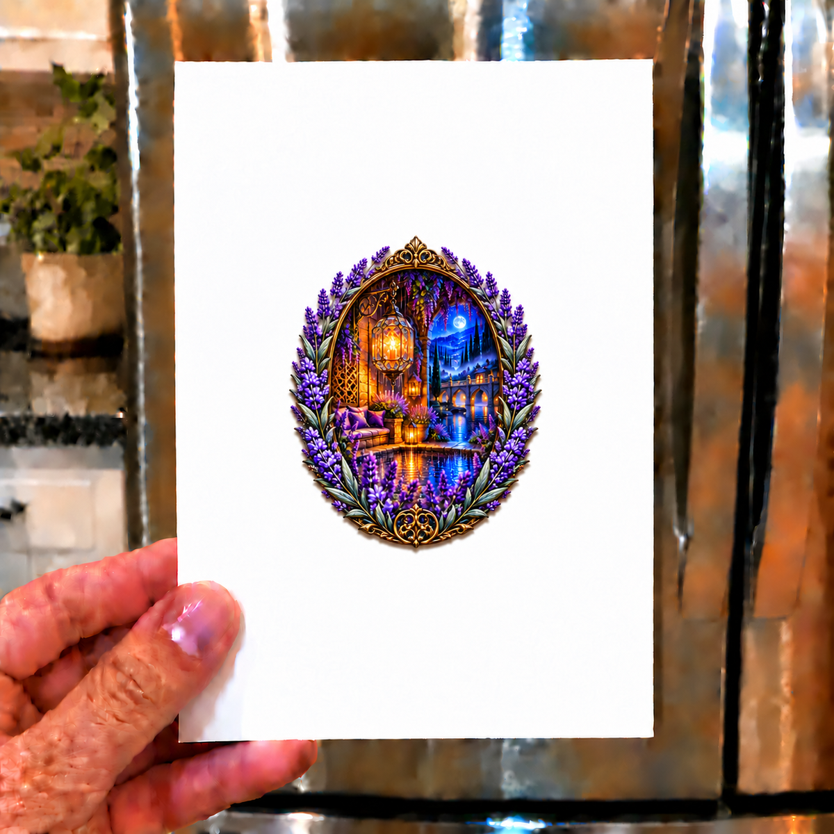 Lavender Rainlight Alcove Acrylic Refrigerator Magnet with printed optical 3D artwork in its use setting