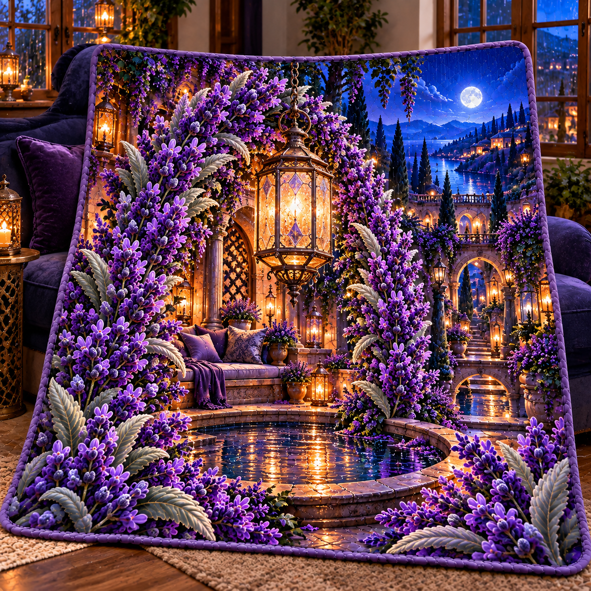 Lavender Rainlight Alcove Quilt Blanket with printed optical 3D artwork in its use setting