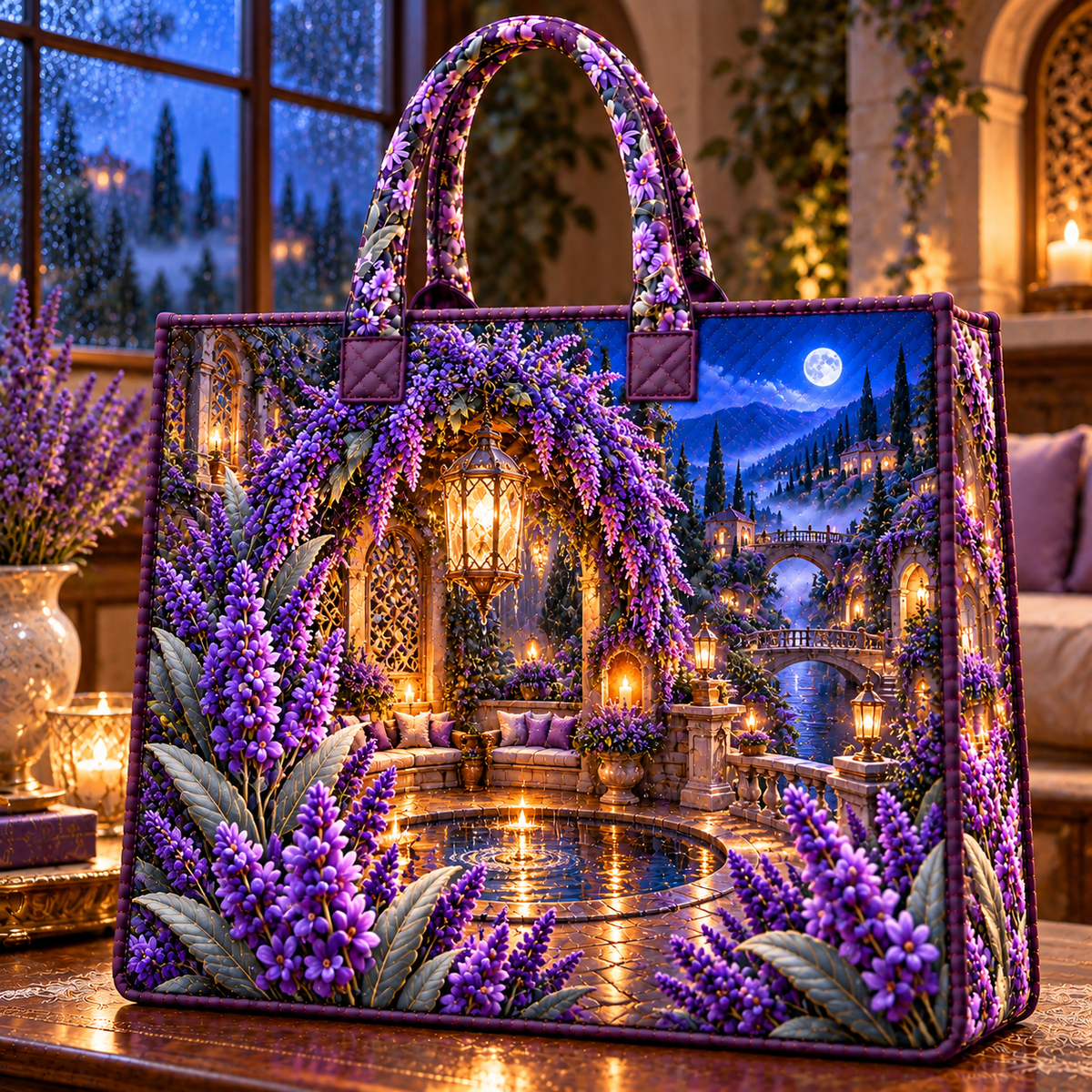 Lavender Rainlight Alcove Quilted Tote Bag with printed optical 3D artwork in its use setting