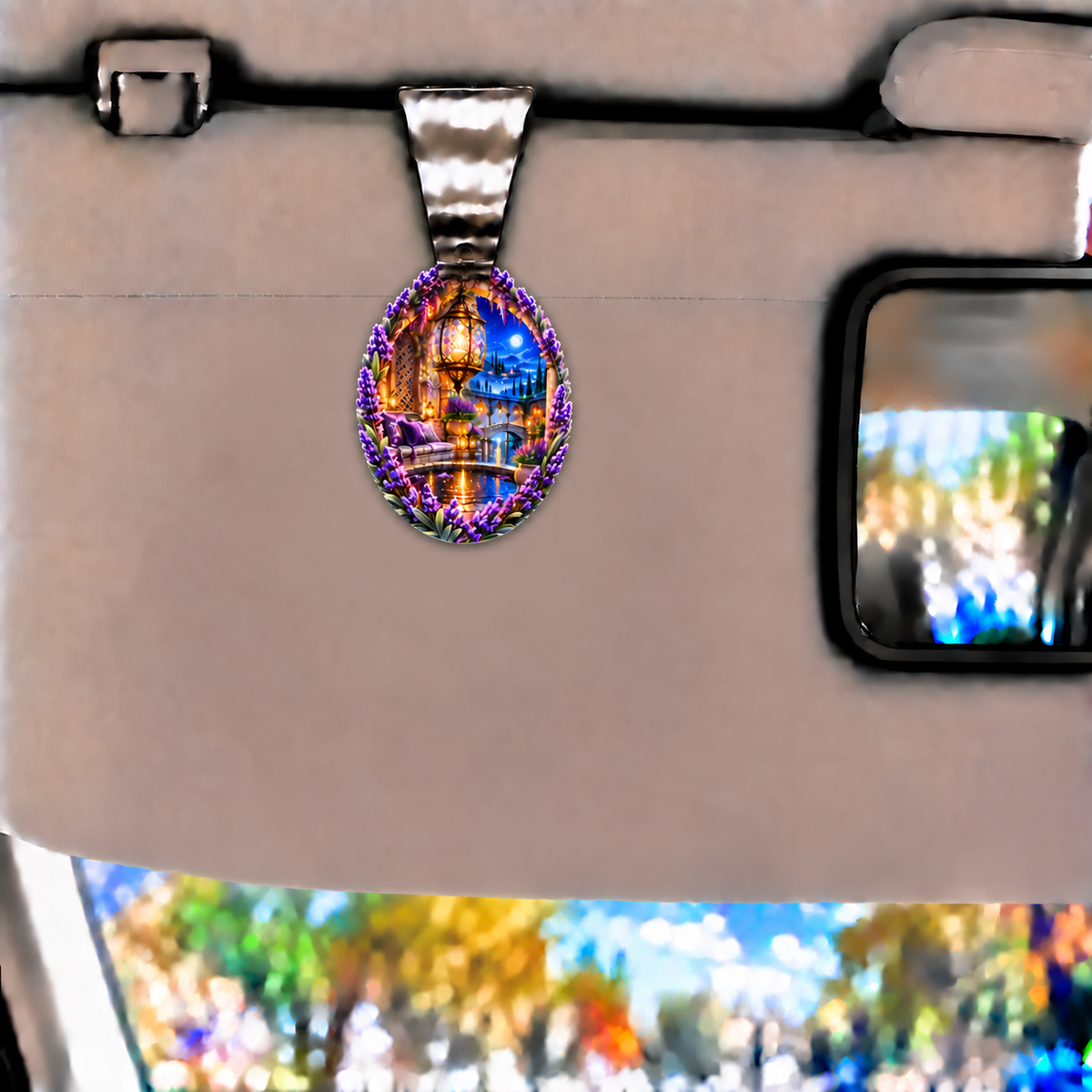 Lavender Rainlight Alcove Holographic Car Visor Clip with printed optical 3D artwork in its use setting