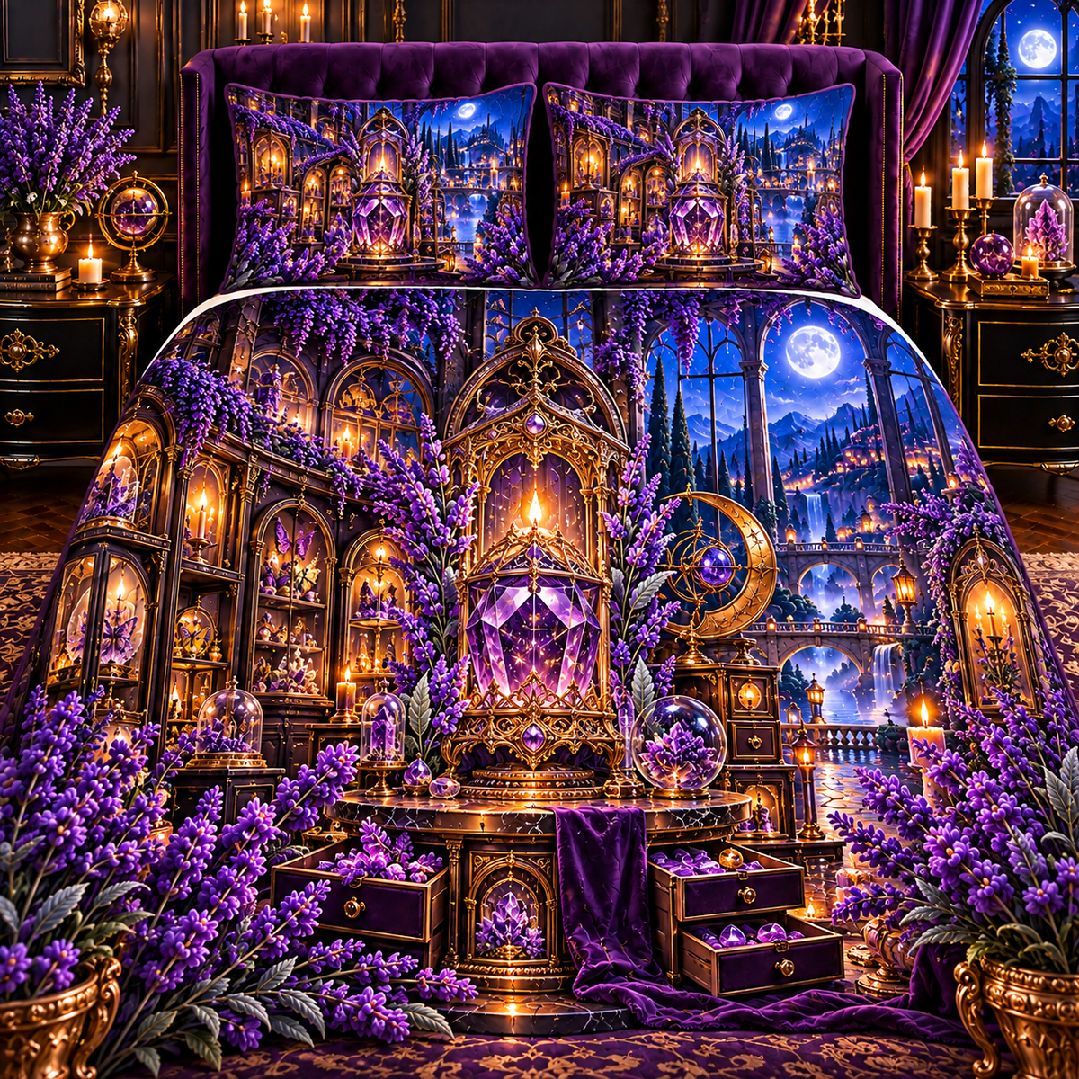 Lavender Moonvault Curio Quilted Bedding Set with printed optical 3D artwork in its use setting