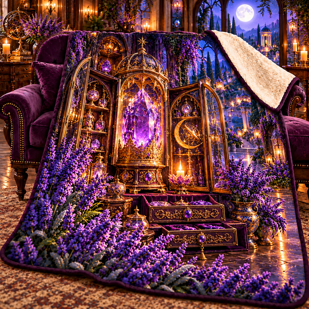 Lavender Moonvault Curio Sherpa & Fleece Blanket with printed optical 3D artwork in its use setting