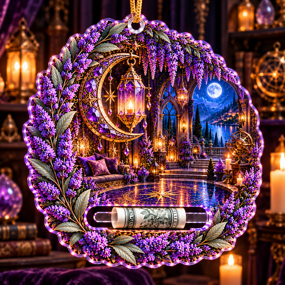 Lavender Moonvault Curio Acrylic Cash Holder Ornament with printed optical 3D artwork in its use setting