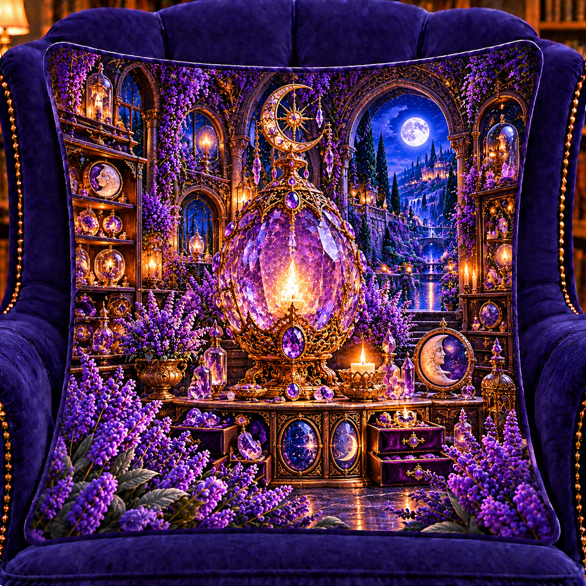 Lavender Moonvault Curio Quilted Cushion Cover with printed optical 3D artwork in its use setting