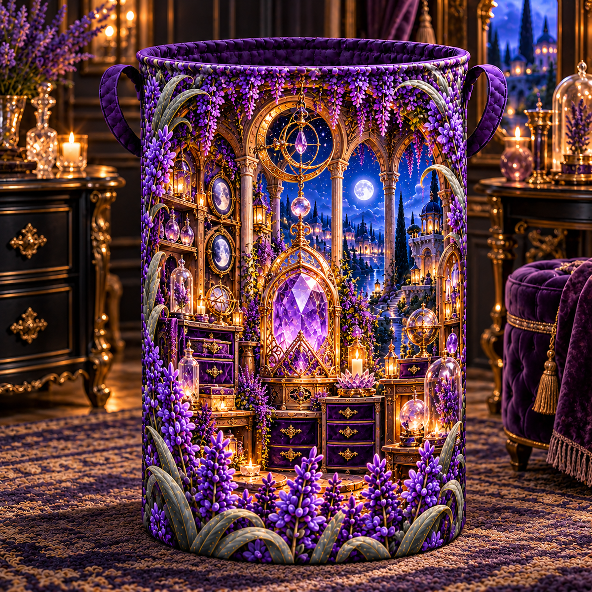 Lavender Moonvault Curio Laundry Hamper with printed optical 3D artwork in its use setting