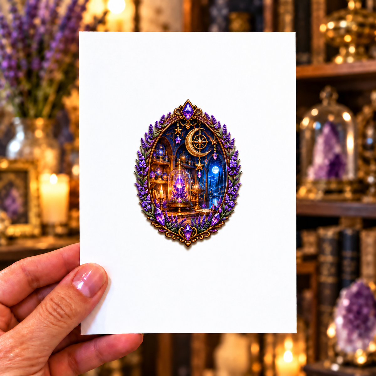 Lavender Moonvault Curio Acrylic Refrigerator Magnet with printed optical 3D artwork in its use setting