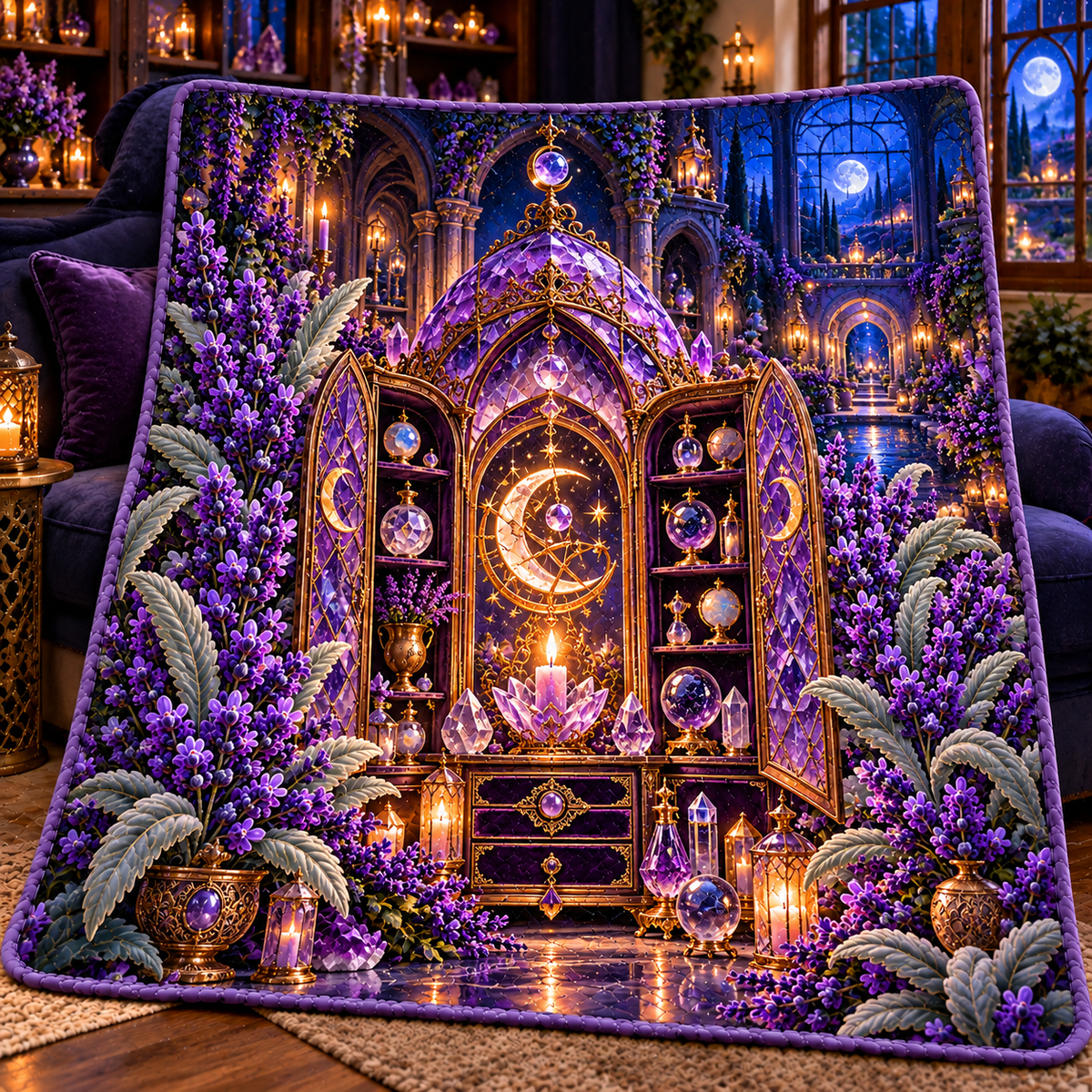 Lavender Moonvault Curio Quilt Blanket with printed optical 3D artwork in its use setting