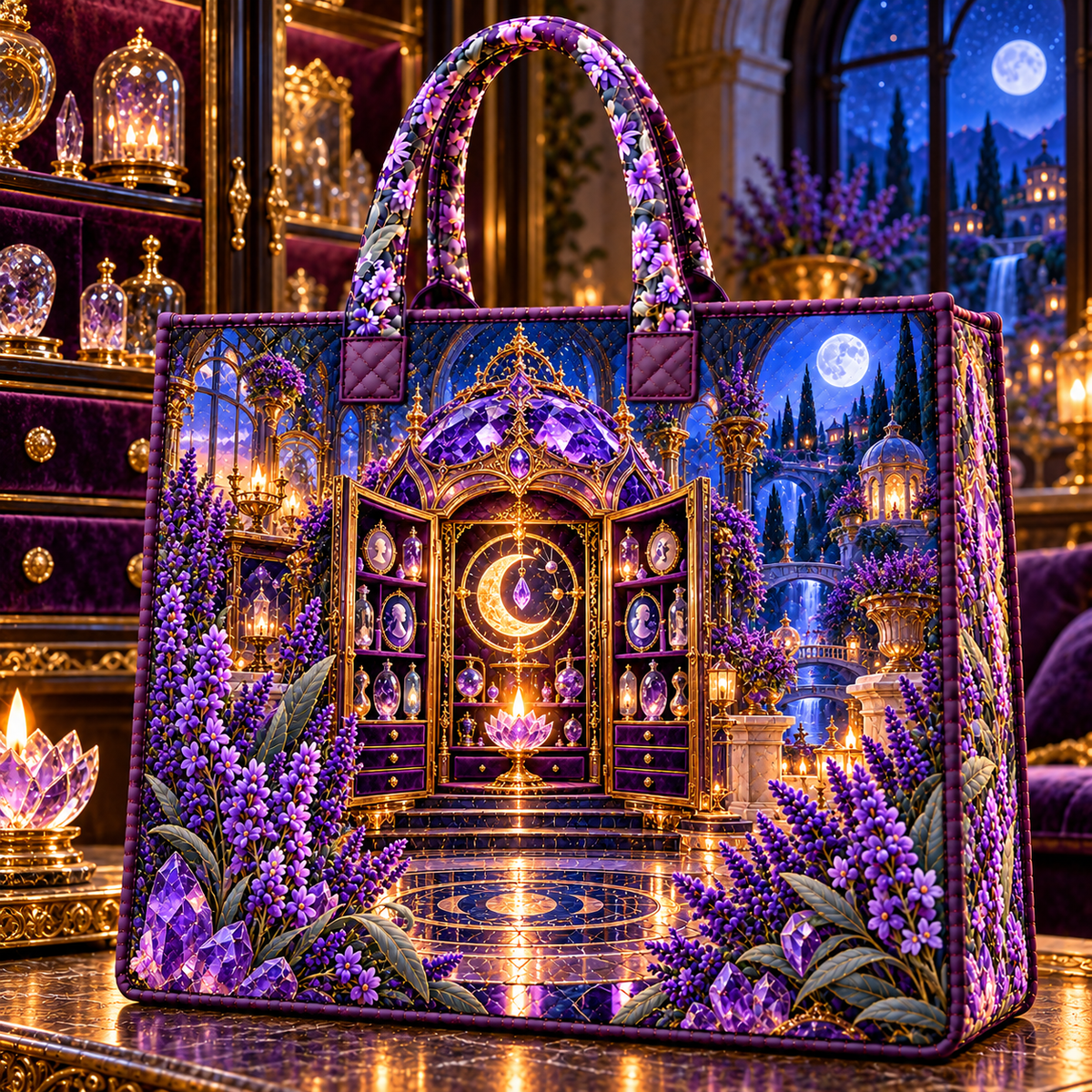 Lavender Moonvault Curio Quilted Tote Bag with printed optical 3D artwork in its use setting