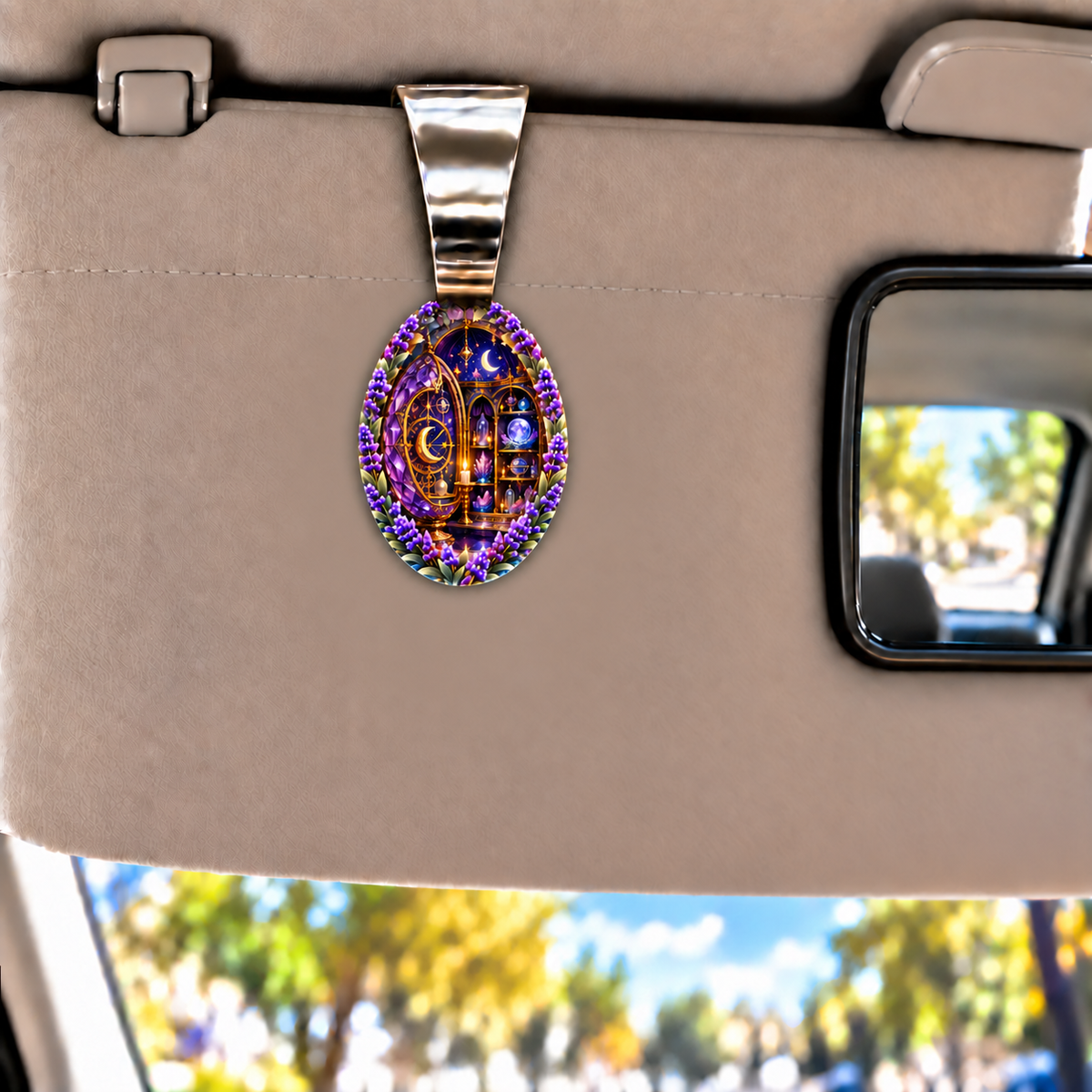 Lavender Moonvault Curio Holographic Car Visor Clip with printed optical 3D artwork in its use setting